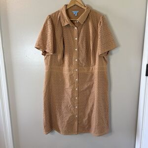 Draper James Eyelet Dress Brown Tan Full Button Womens Short Sleeve Sz 18